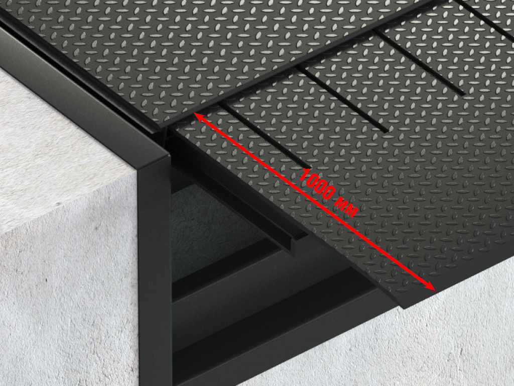 Lip 1 000 mm. 35 mm bevel. Elongated whole rectangular lip for trucks with one-size load bed. Applied when standard length lip is not enough or when overhead door of heated loading dock shuts in front of the leveler closing the thermal contour of the building.